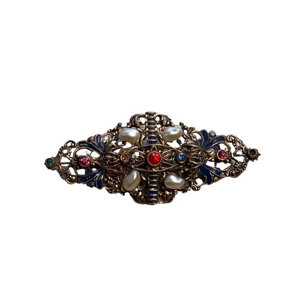 Antique Edwardian Czech Glass Filigree Pearl Ruby Sapphire Stone Brooch - Picture 1 of 9